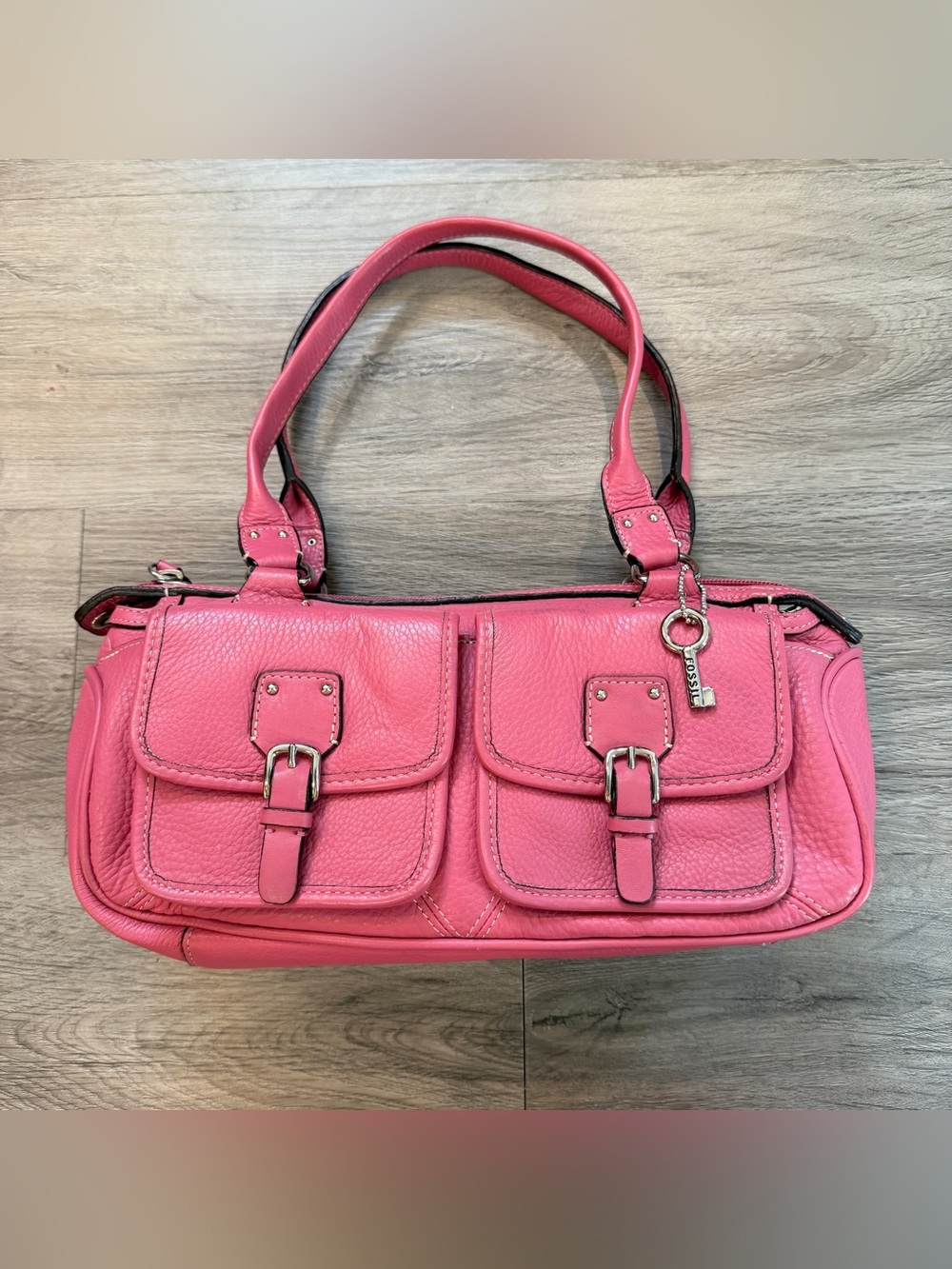 Vtg Y2K Fossil Baguette Bag Pink Leather Double Handle Doctor Shoulder Buckle